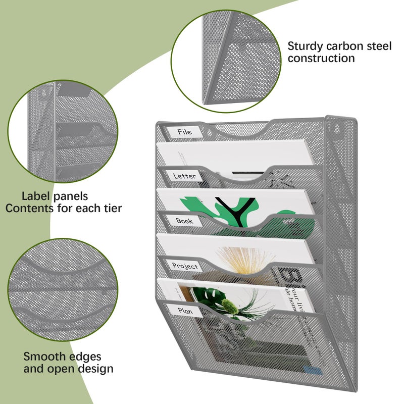 EasyPAG 5 Pocket Mesh Wall File Organizer, Hanging Paper Folder Holder with Classify Label, Vertical Wall Mount Mail Organizer for Office Home Classroom, Silver - Image 3